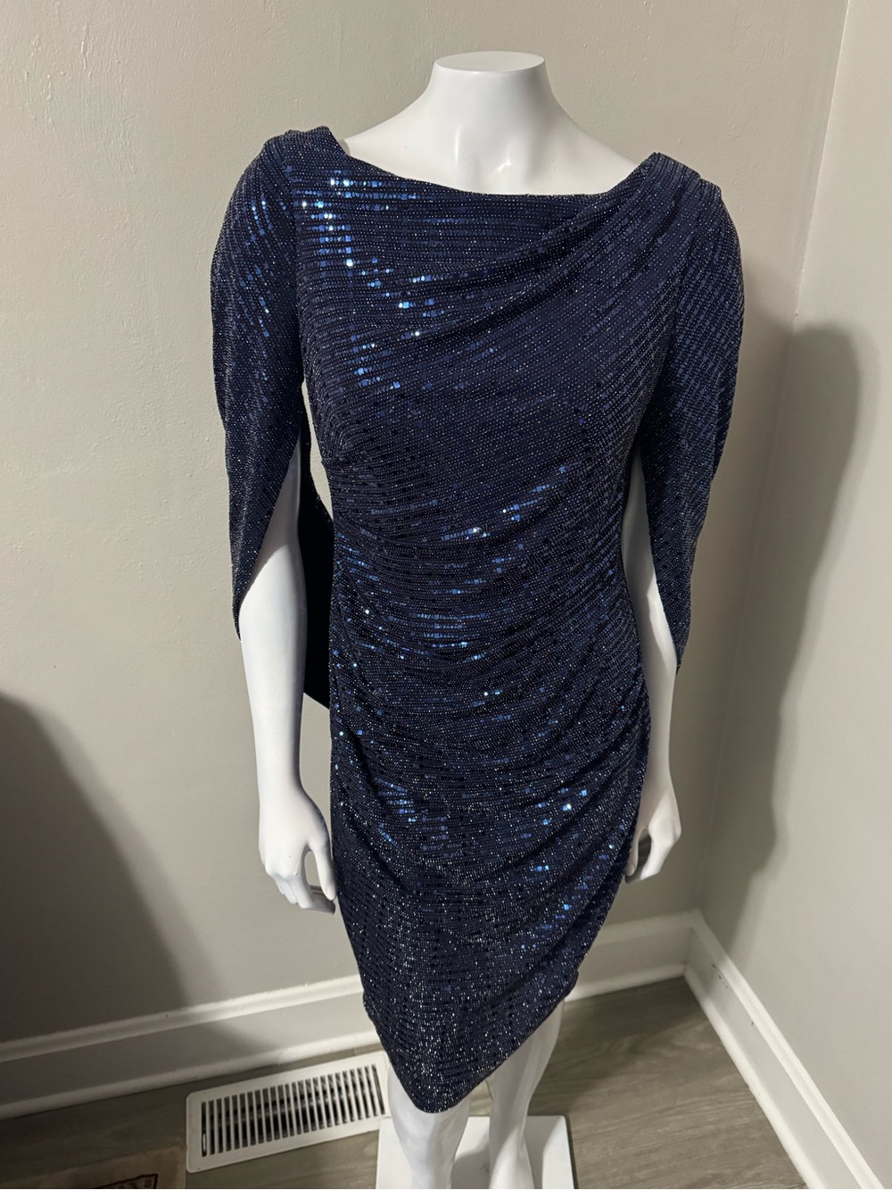 R&M Richards Navy Sequin Draped Long Sleeve Dress